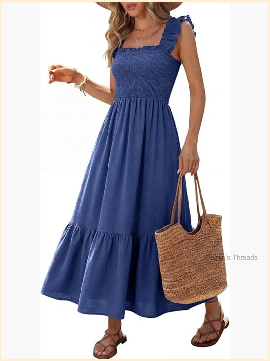 Dresses & Skirts - Womens Summer Casual Maxi Dress Ruffle Spaghetti Strap Smocked Long Dress